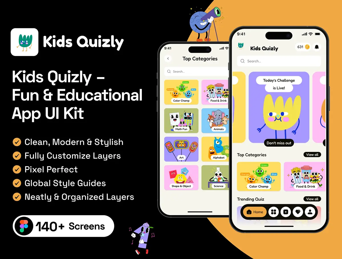 140+屏幼儿早教趣味教育应用程序 UI 套件 Kids Quizly – Fun & Educational App UI Kit