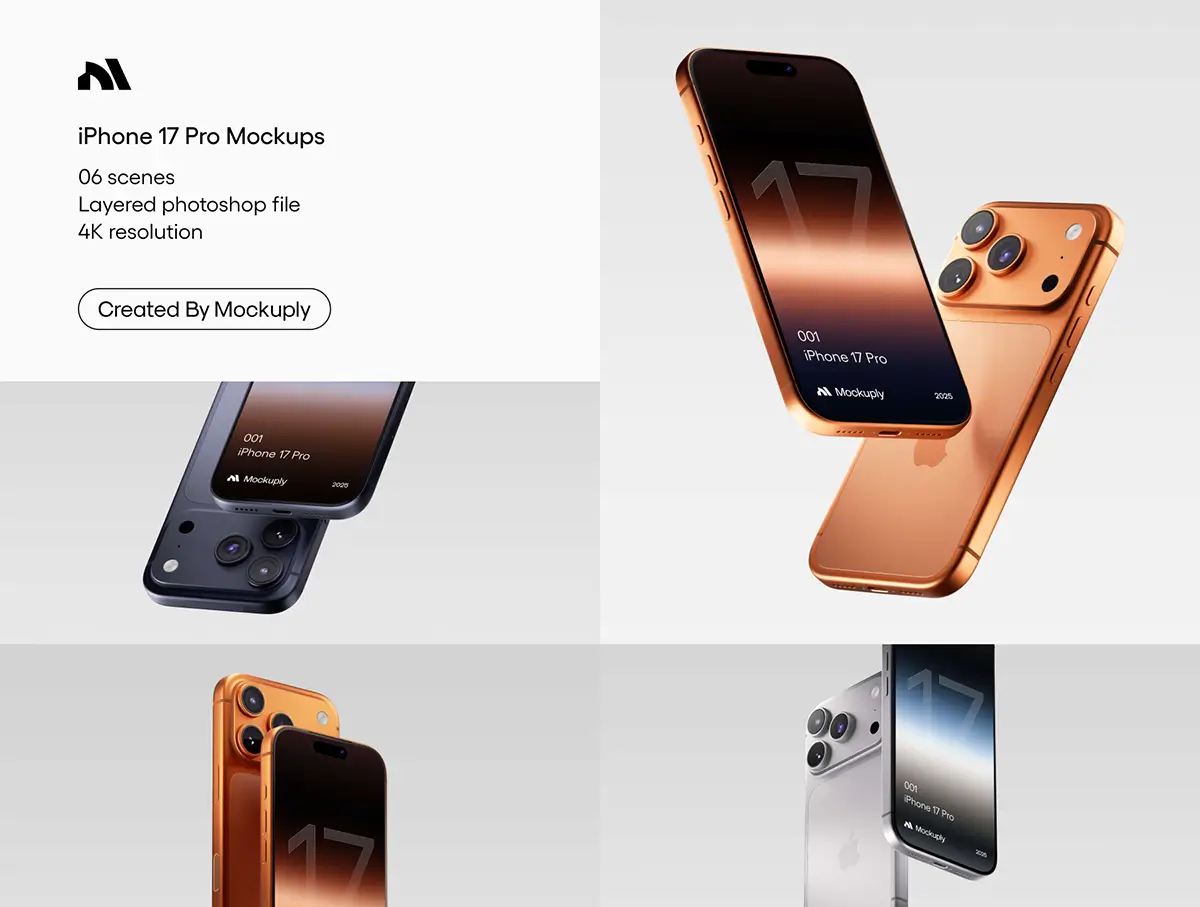 3配色iPhone17苹果手机广告App应用UI设计悬浮展示效果图ps样机 iPhone 17 Pro 001 Mockups