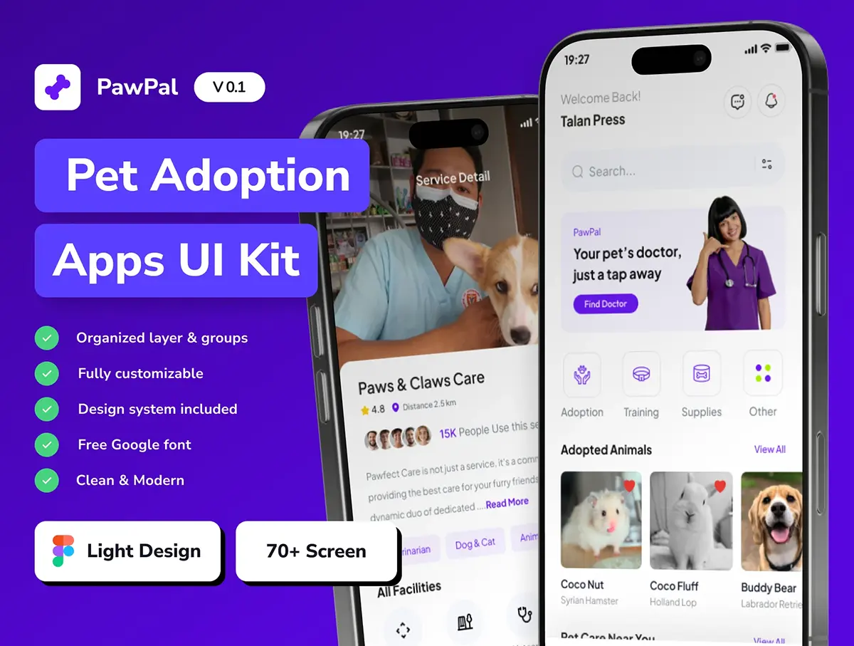 70+屏医疗保健医院问诊预约App应用小程序ui界面设计模板 PawPal – Pet Adoption and Care Mobile App UI Kit