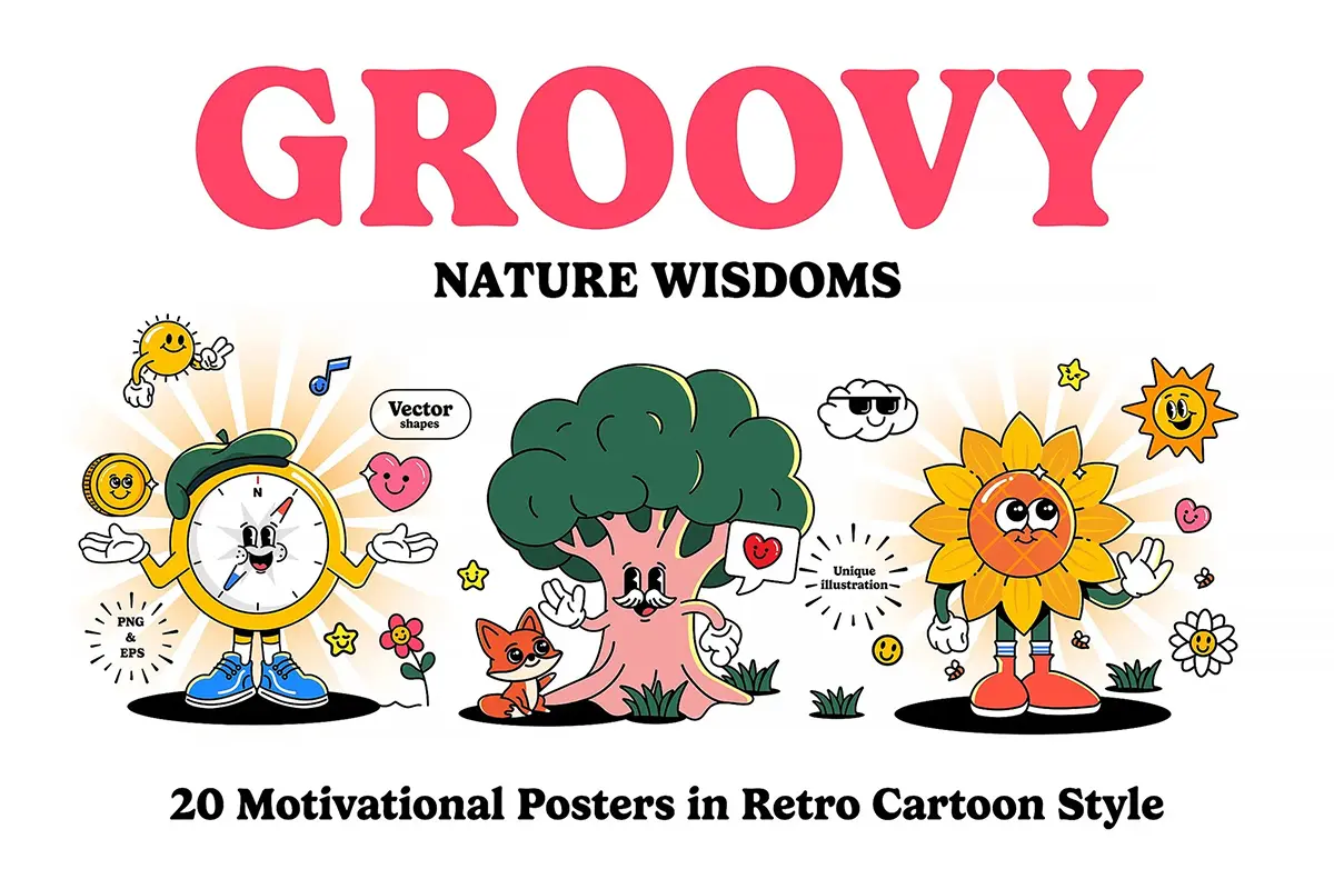 10款复古卡通拟人插图贴纸壁纸海报设计Ps/Ai分层素材 Groovy Nature Wisdoms – 20 Motivational Object