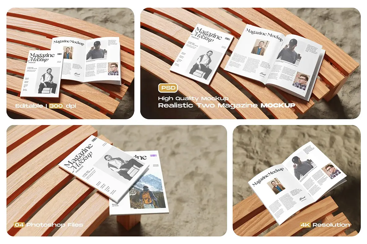 4款A4杂志模型封面内页展示设计贴图ps样机素材模板 Realistic Two Magazine Mockup
