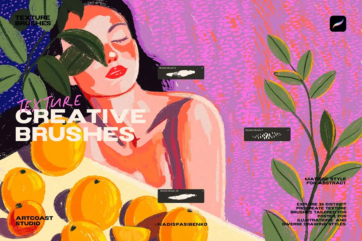 36款真实丙烯颜料水粉艺术绘画涂鸦手绘插画Procreate笔刷素材 Procreate Creative Texture Brushes