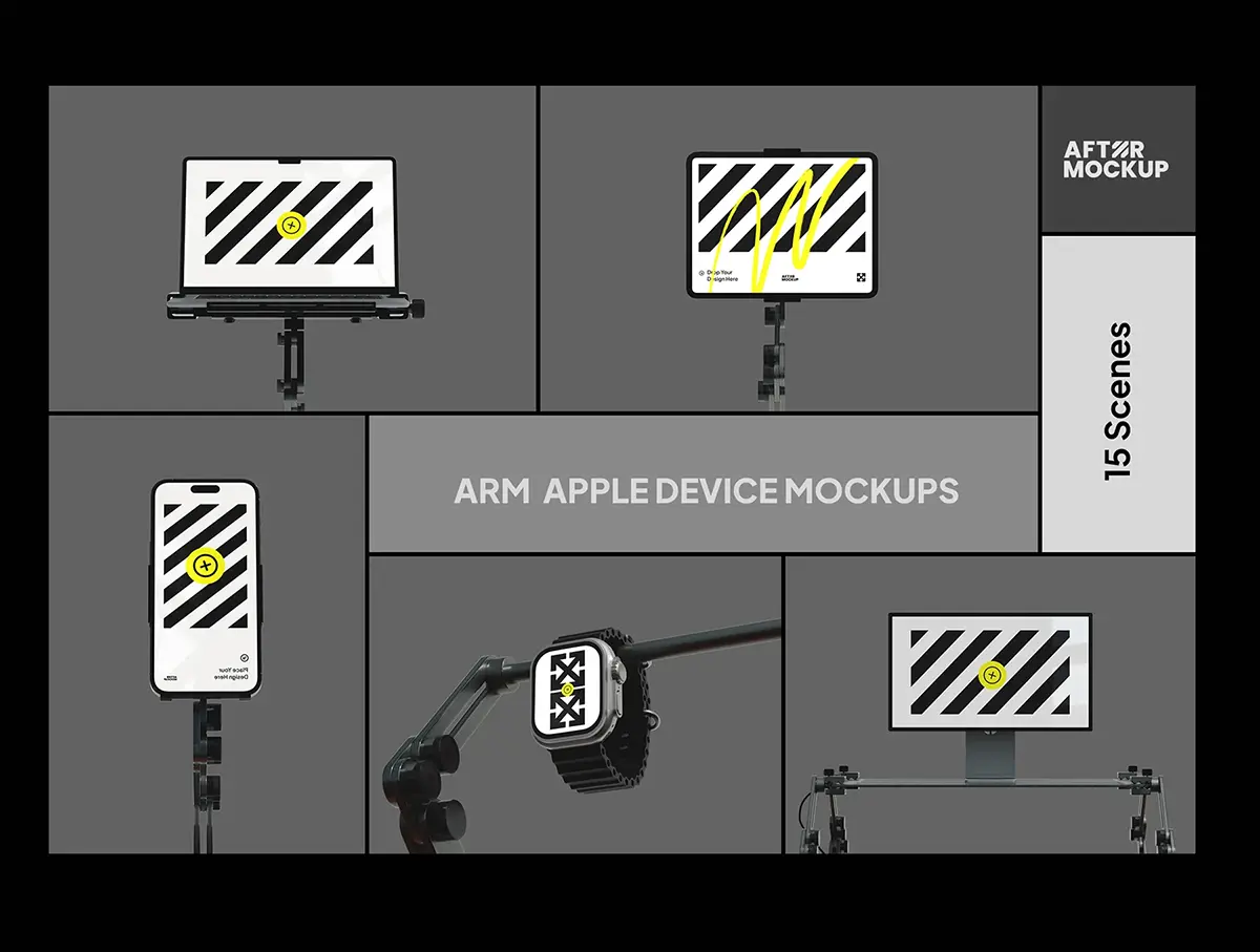 机械臂工业风iPhone手机iPad平板Macbook电脑手表UI展示ps样机 Apple Device Mockups – Arms