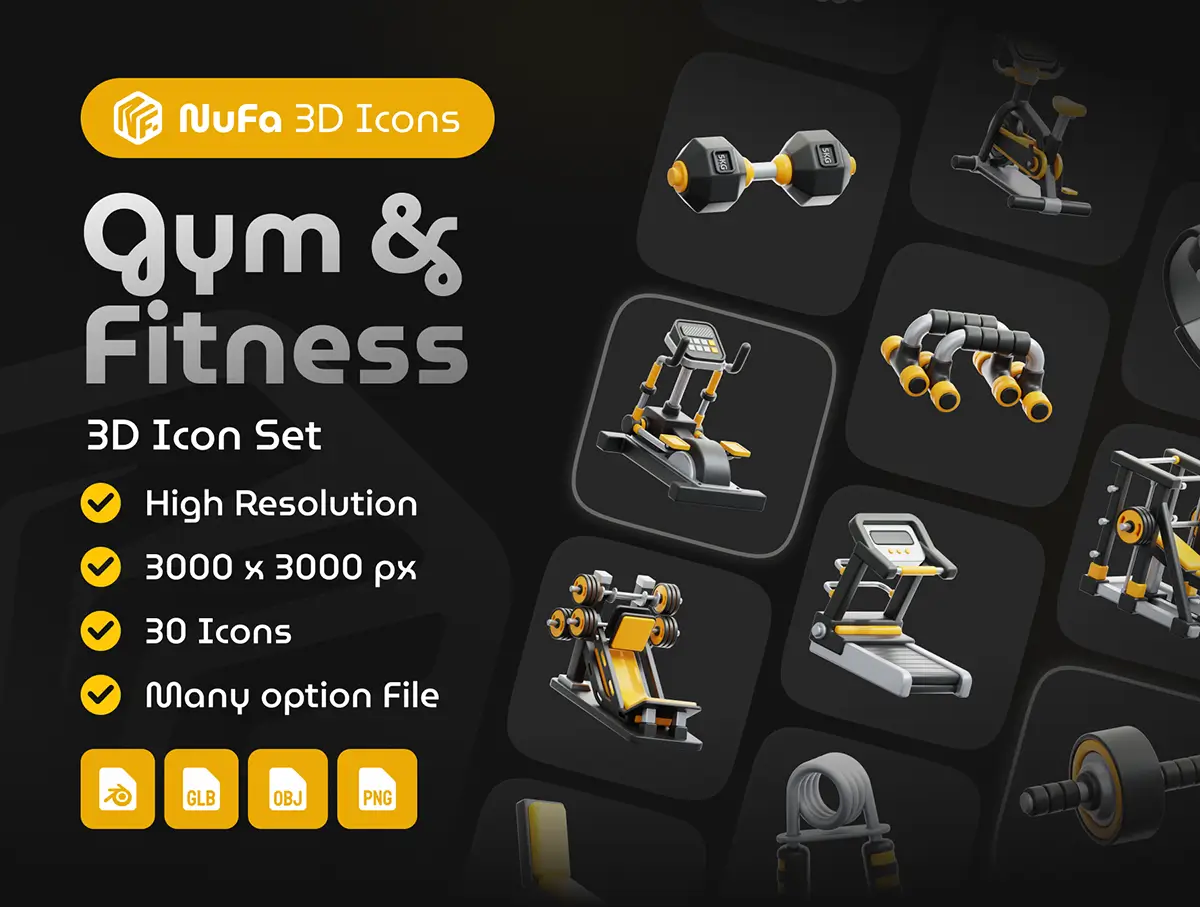 30款锻炼健身器械插图3D图标icon设计素材 Gym & Fitness 3D Icon Set