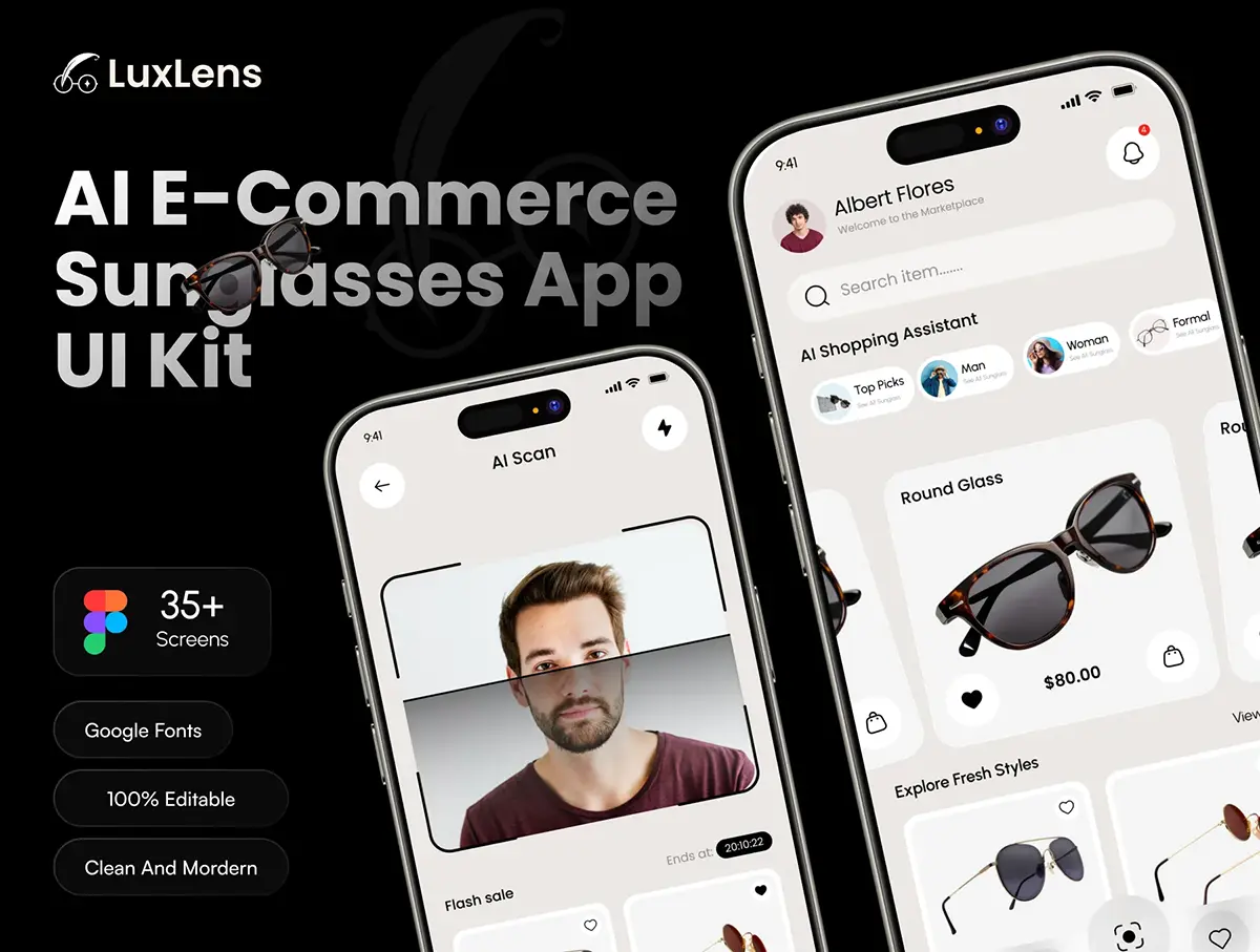 AI智能选择太阳镜墨镜电子商务app界面设计ui套件素材 LuxLens – AI E-Commerce Sunglasses App UI Kit