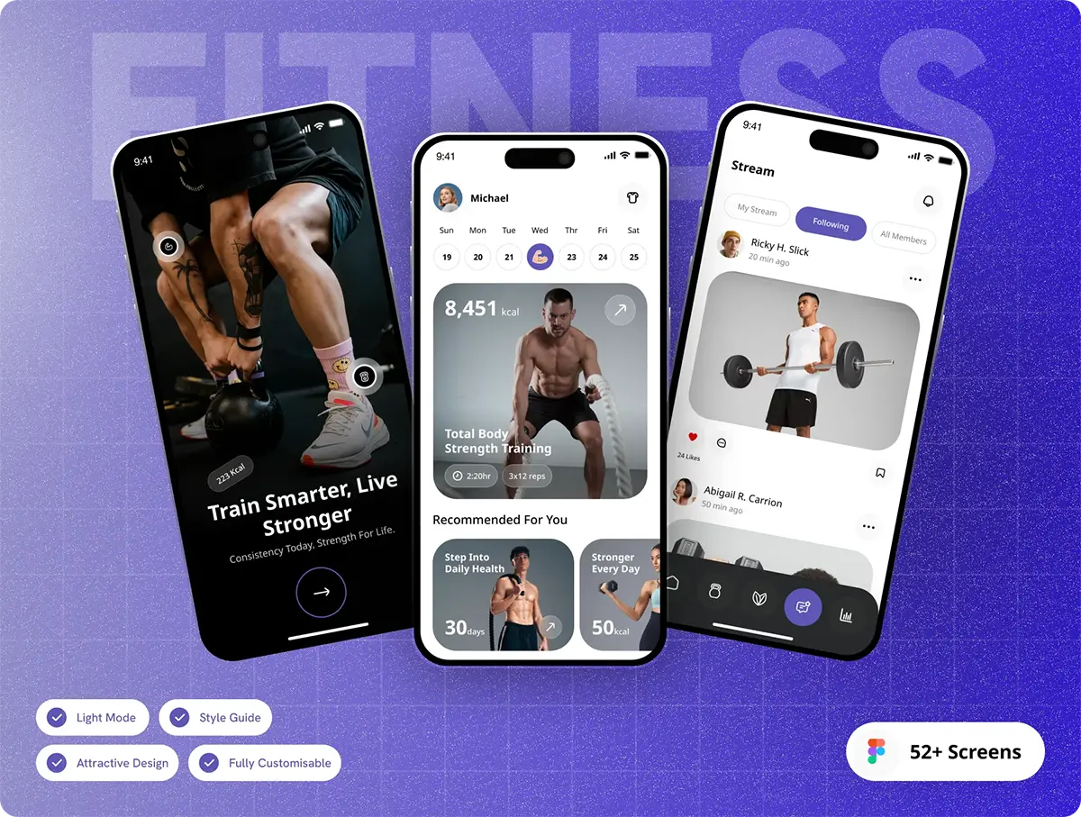 52屏健身锻炼训练在线课程教学app设计用户界面ui套件 Fit Leaf Fitness & Nutrition App UI Kit