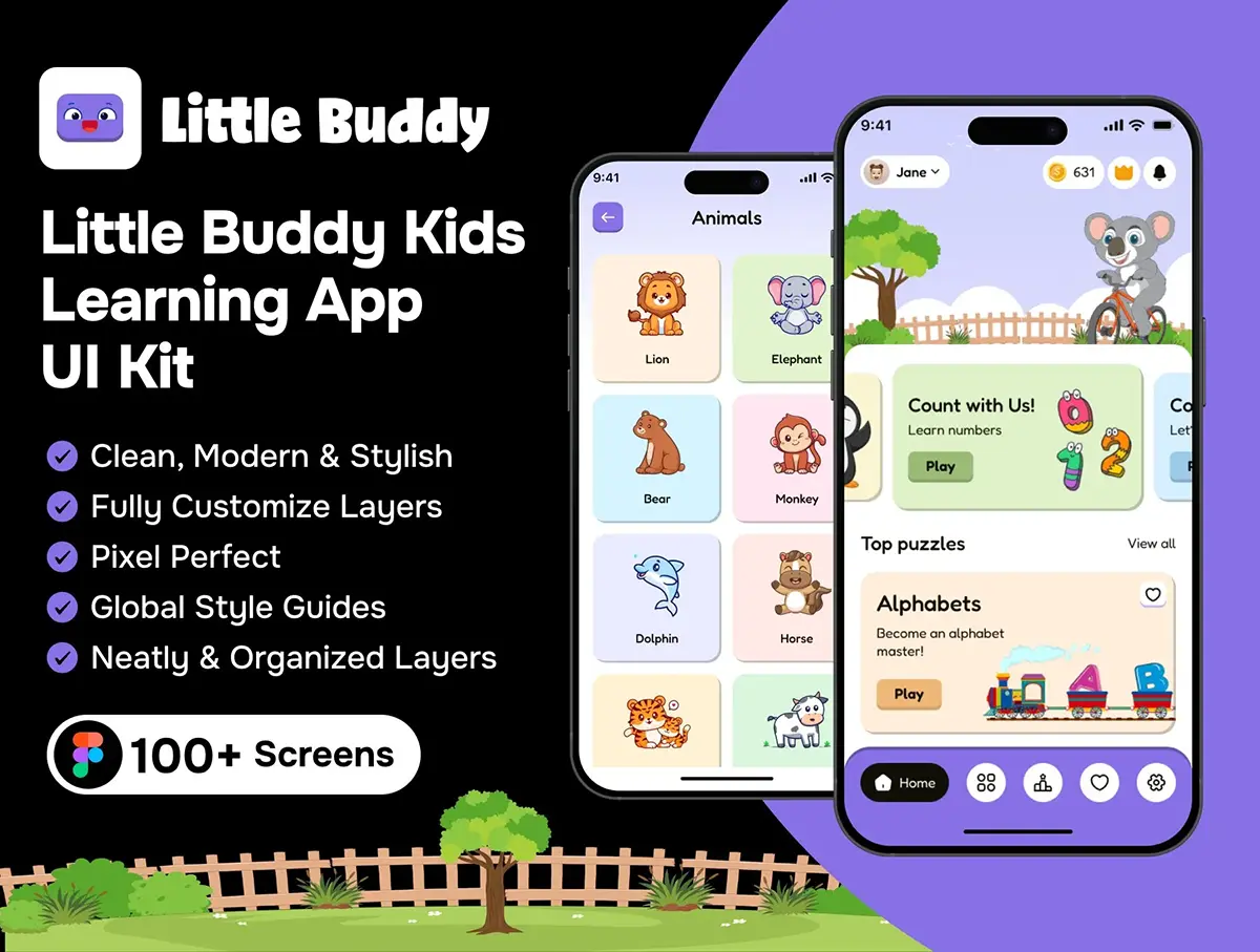 100+屏在线游戏化语言学习教育课堂app设计用户界面ui套件模板 Little Buddy – Kids Learning App UI Kit