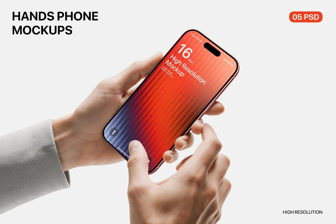 5款免抠手持iPhone16手机App应用UI设计作品操作演示效果图ps样机 Holding iPhone 16 Pro Max Mockup