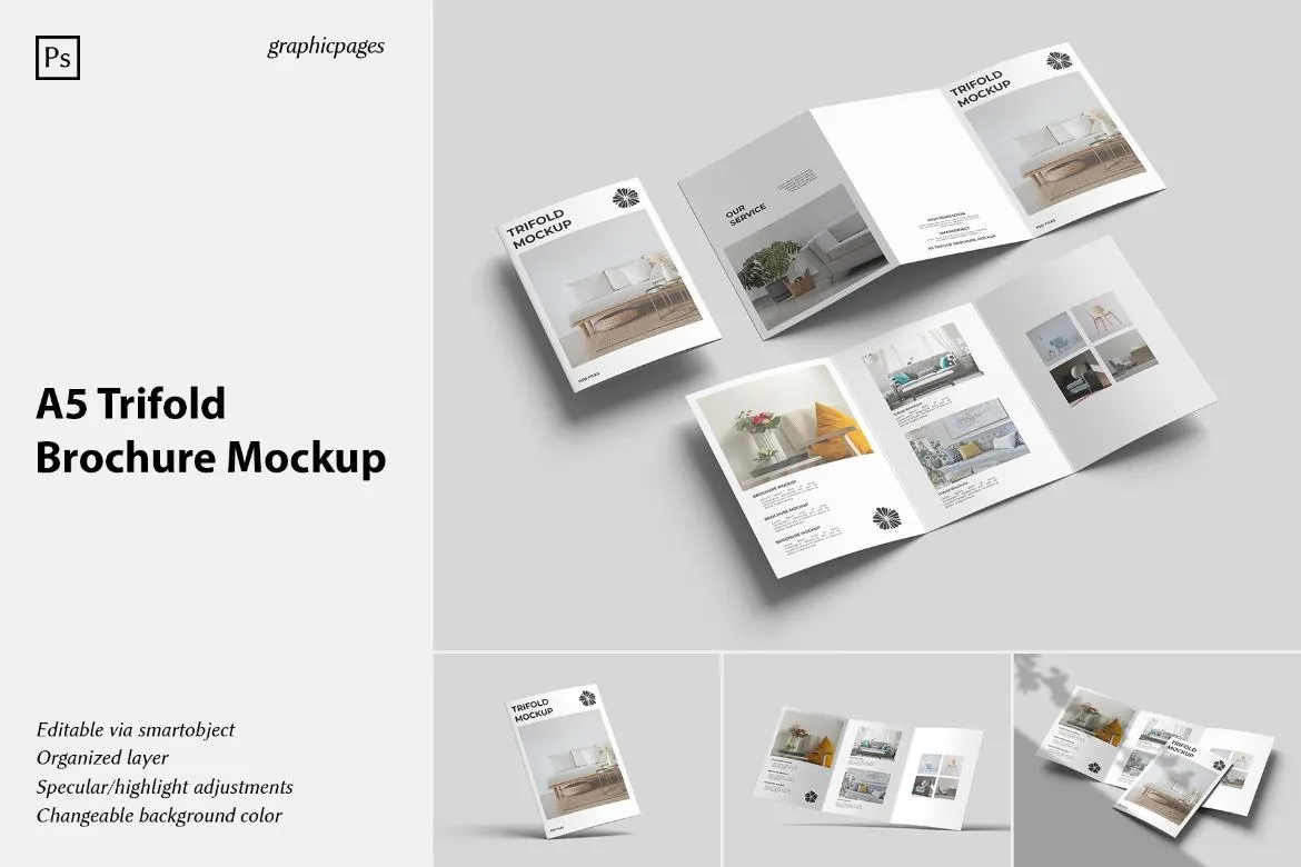 A5三折页小册子宣传单模型展示设计贴图ps样机素材国外设计模板 A5 Trifold Brochure Mockup