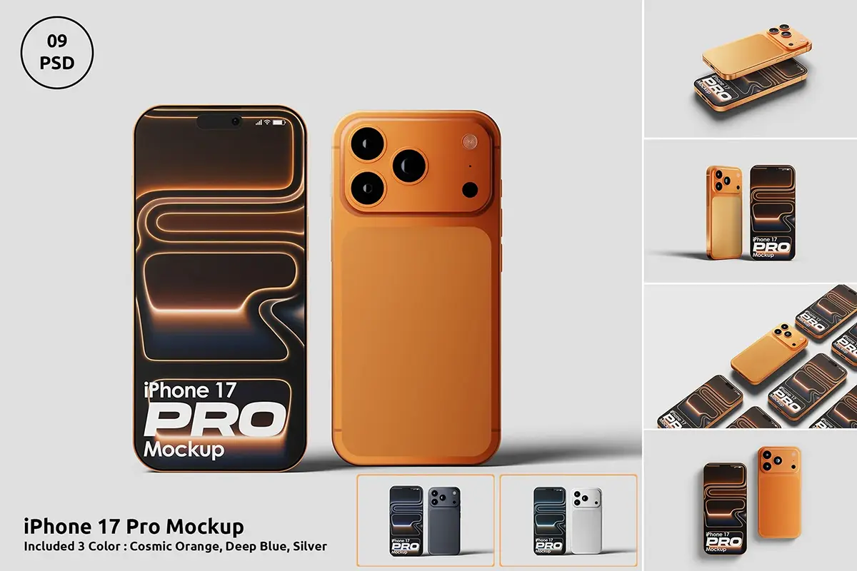 3配色9款iPhone17苹果手机广告UI界面设计作品展示效果图ps样机 iPhone 17 Pro Mockup