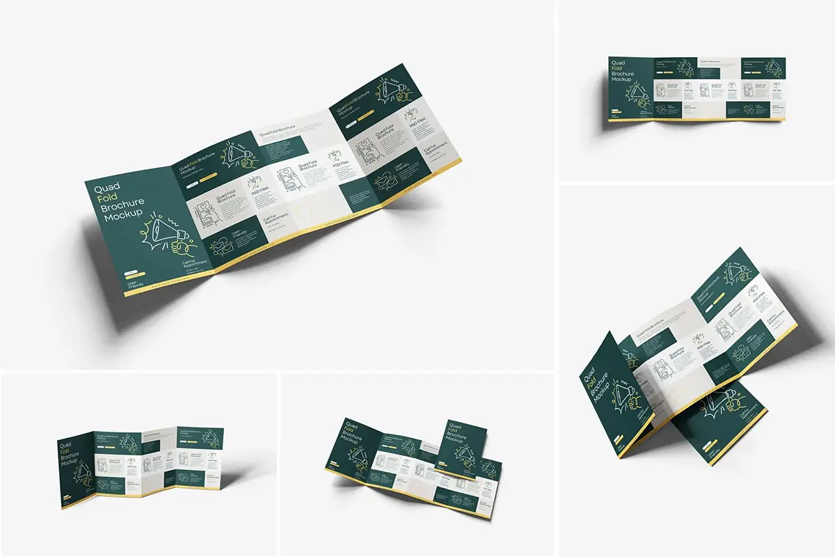 5款4折页小册子宣传单模型展示设计贴图ps样机素材模板 Quad Fold Brochure Mockup