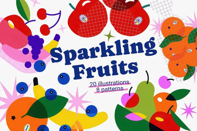 时尚趣味夏日卡通水果扁平化插图插画图案海报设计ai矢量素材 Fruits Illustrations & Patterns