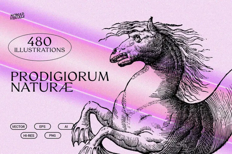 480款复古文艺复兴神话人物动物植物自然线描手绘插画矢量素材 Prodigiorum Naturae – Illustrations