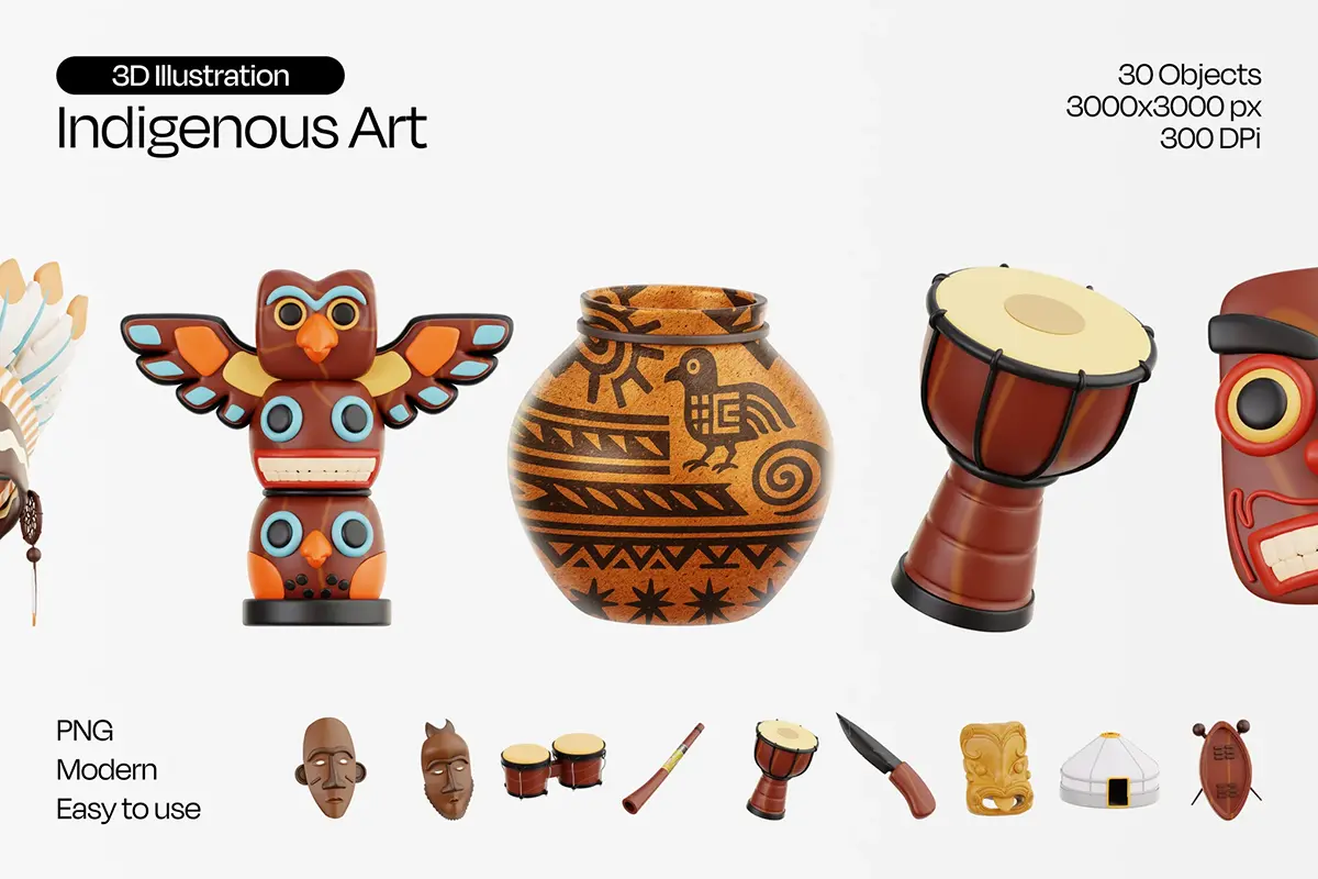 30款美洲土著部落传统文化图腾元素3D插图png免抠图设计素材 Indigenous Art 3D Icon Set