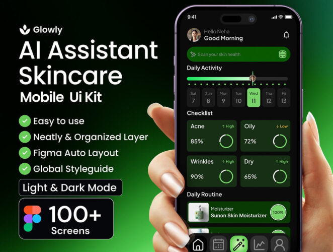 100+屏AI智能美肤美容换脸护肤app移动应用程序ui界面设计figma模板 Glowly AI Assistant Skin-care