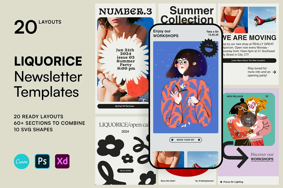Newsletter简报活动最新动态EDM公众号推文长图排版设计ps模板 Liquorice Newsletter Templates