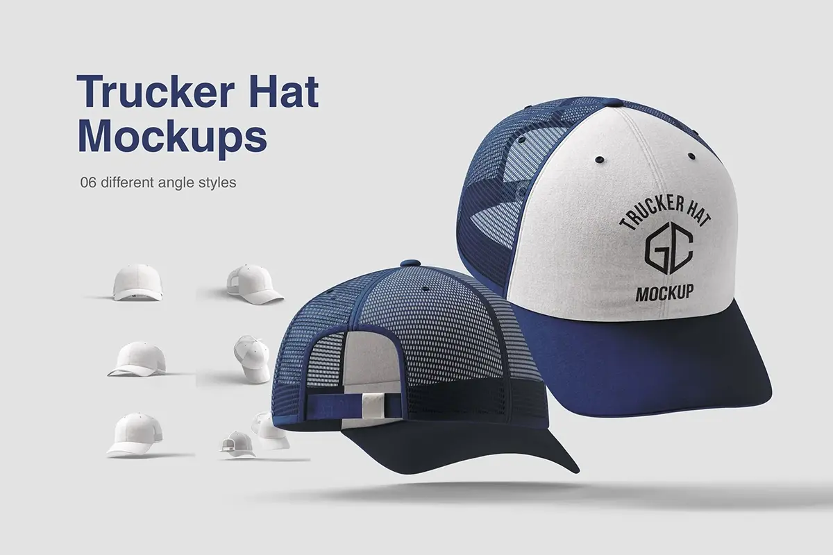 6款卡车司机棒球帽模型品牌logo标识设计贴图ps样机素材模板 Trucker Hat Mockups