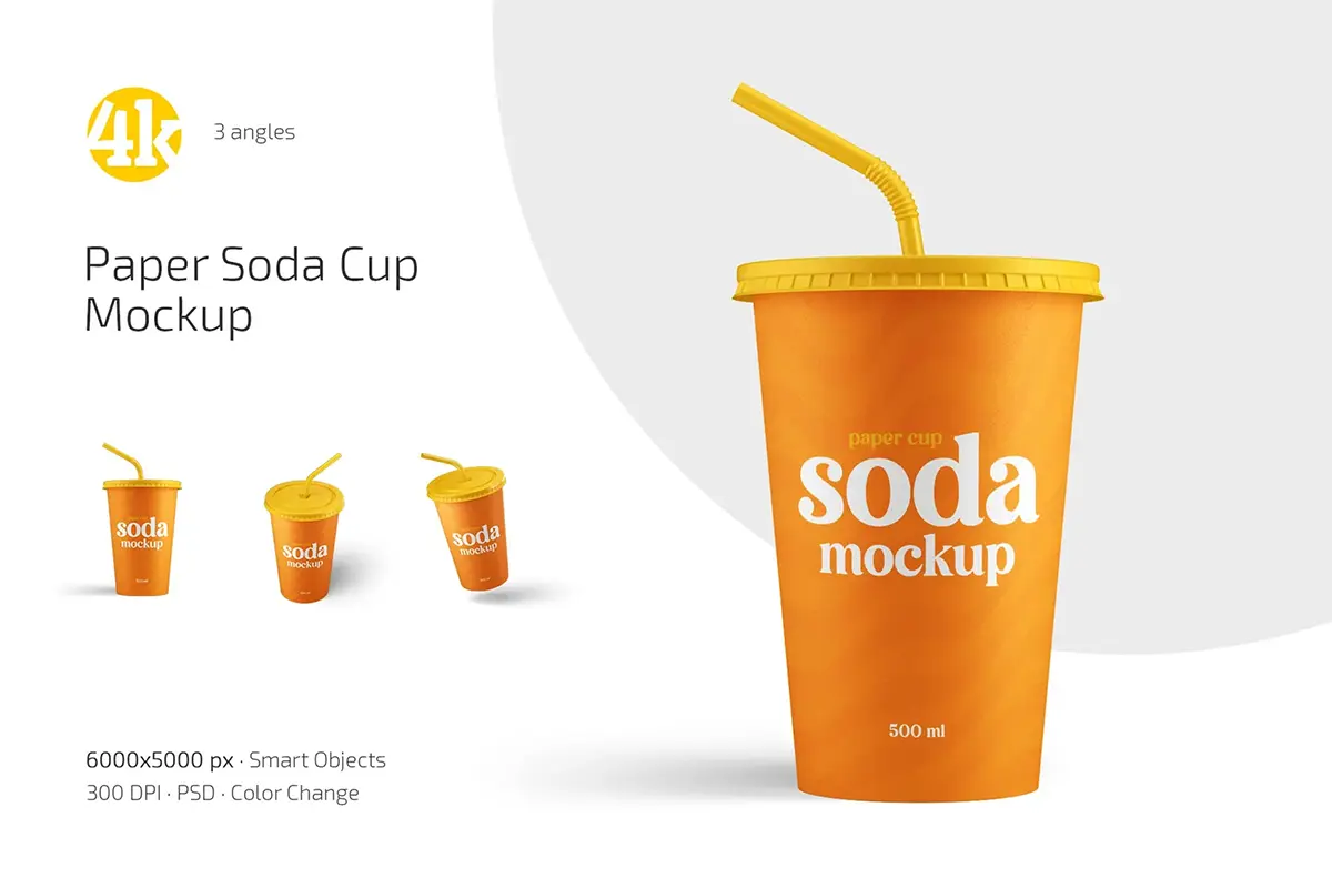 3款带吸管的纸质汽水饮料杯模型标识展示印花图案设计贴图ps样机素材模板 Paper Soda Cup Mockup Set