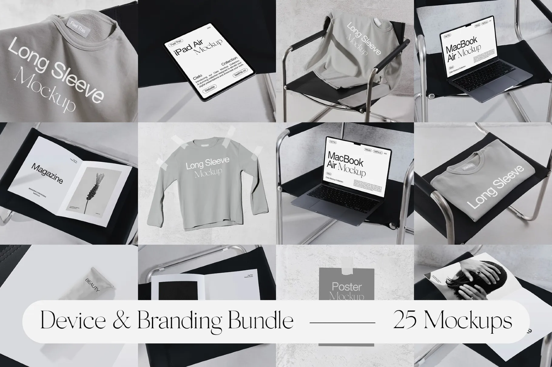 iPhone手机iPad平板Macbook笔记本电脑画册长袖T恤展示效果图ps样机 Device & Branding Bundle