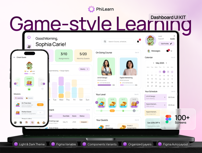 100+屏创意有趣游戏风格学习教育课程任务仪表盘UI界面设计Figma模板套件 PhiLearn – Gamified Learning Dashboard UI KIT