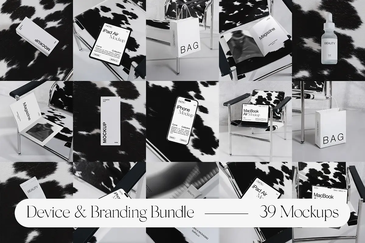 29款专业手提袋画册iPad平板iPhone手机Mac电脑化妆品包装品牌VI设计展示PSD样机 Device Packaging & Print Bundle