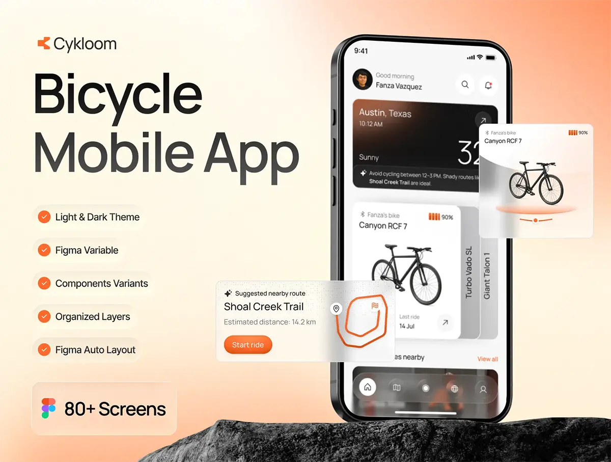 80+屏自行车骑行轨迹跟踪骑行运动记录移动app界面UI设计 Cykloom – Modern Bicycle Mobile App UI KIT