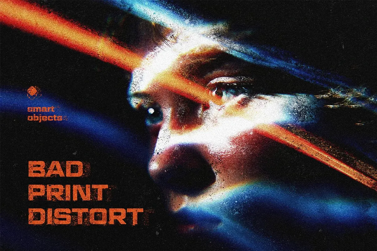 复古怀旧朋克故障风颗粒噪点错位做旧人像照片后期ps特效样机模板 Bad Distorted Print Effect