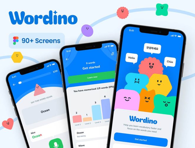趣味卡通语言学习英语学习打卡应用程序UI工具包 Wordino – Learning Language App UI Kit