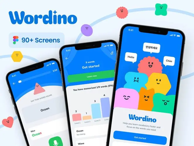 趣味卡通语言学习英语学习打卡应用程序UI工具包 Wordino – Learning Language App UI Kit