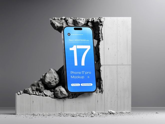 6款混凝土工业风iPhone 17 Pro手机ui设计作品展示效果图ps样机素材 iPhone 17 Pro Mockup Set on White Concrete – 06 Scene