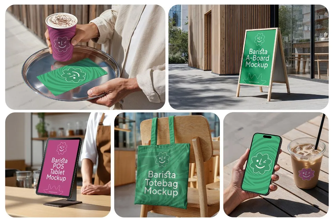 8款网红咖啡馆店招广告周边品牌形象VI应用设计展示效果图ps样机 Coffee Branding Mockups Barista Series