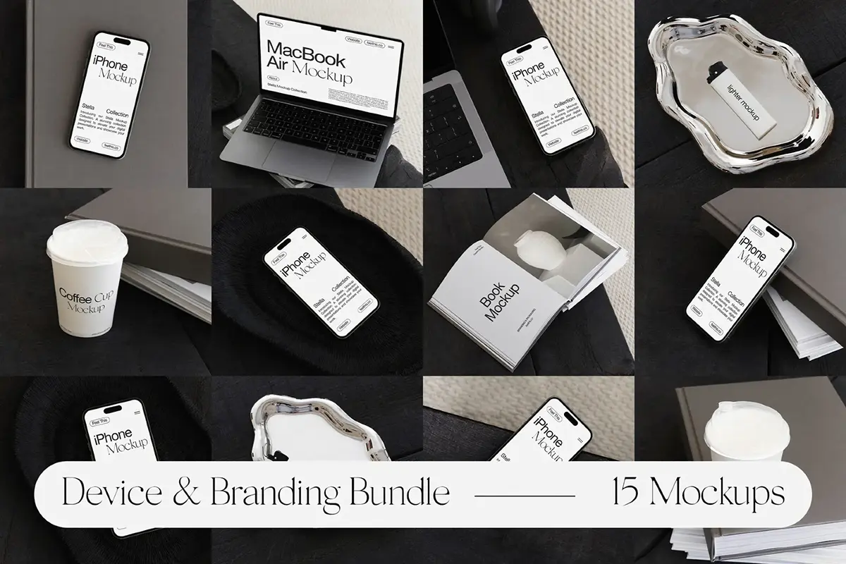 iPhone手机iPad平板Macbook笔记本电脑咖啡杯画册展示效果图ps样机 Lifestyle Device & Branding Mockups