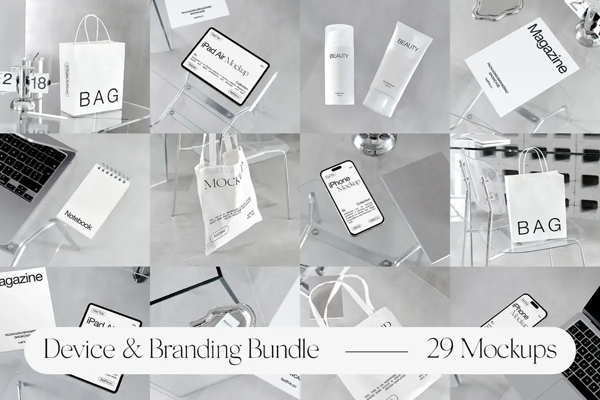 手提袋化妆品包装苹果iPhone手机iPad平板电脑ps样机素材 Packaging & Apple Bundle