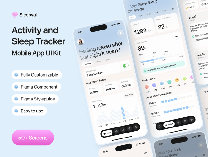 50屏活动锻炼运动健身健康追踪睡眠监测App应用UI界面设计模板 Sleepyal – Activity and Sleep Tracker App UI Kit