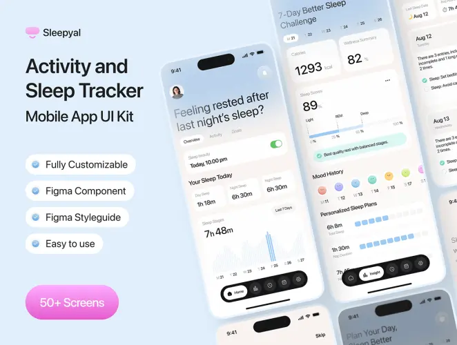 50屏活动锻炼运动健身健康追踪睡眠监测App应用UI界面设计模板 Sleepyal – Activity and Sleep Tracker App UI Kit
