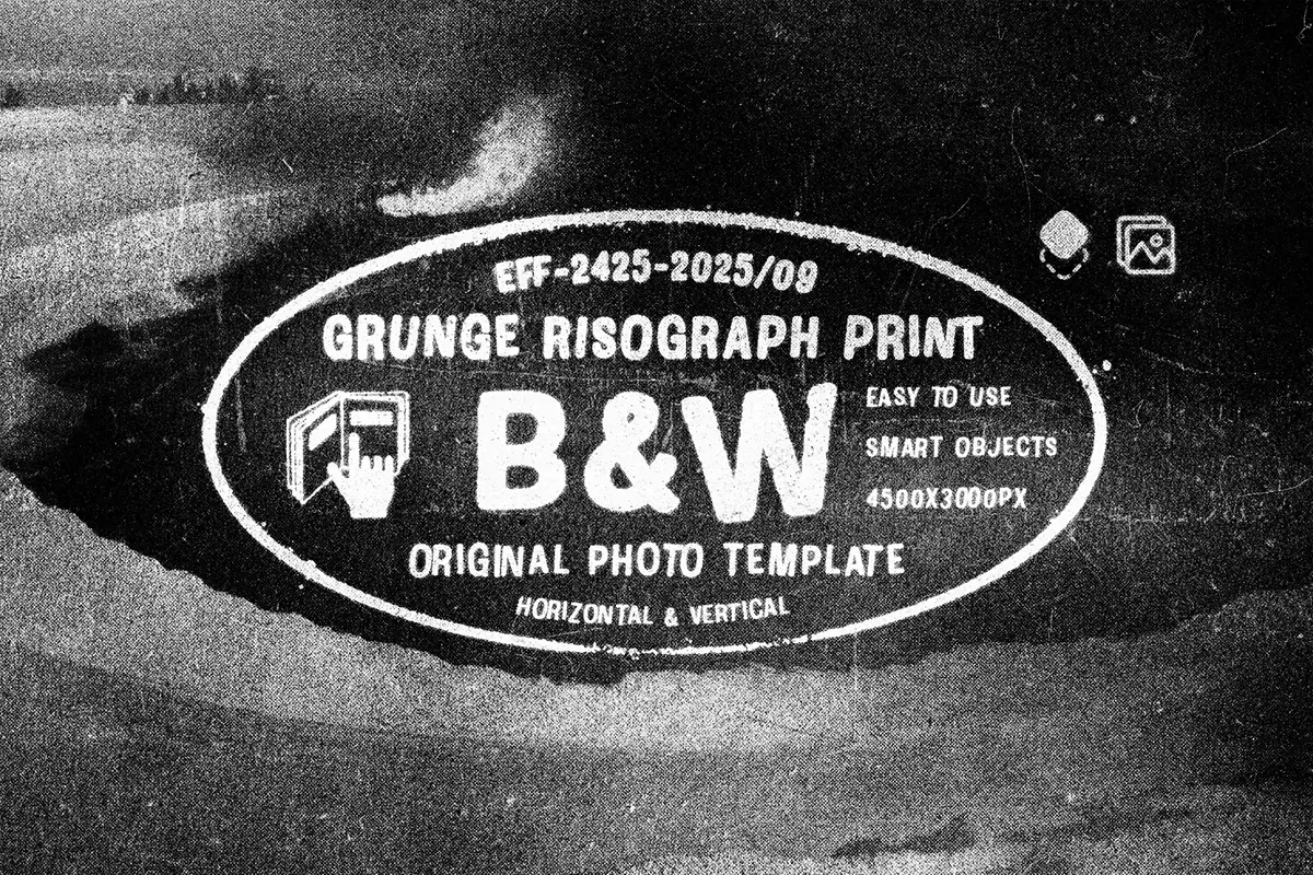 潮流复古黑白单色粗糙做旧朋克磨损肌理人像照片后期ps特效样机 Grunge Riso Photo Effect