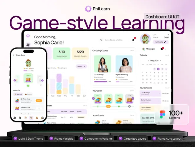 100+屏创意有趣游戏风格学习教育课程任务仪表盘UI界面设计Figma模板套件 PhiLearn – Gamified Learning Dashboard UI KIT