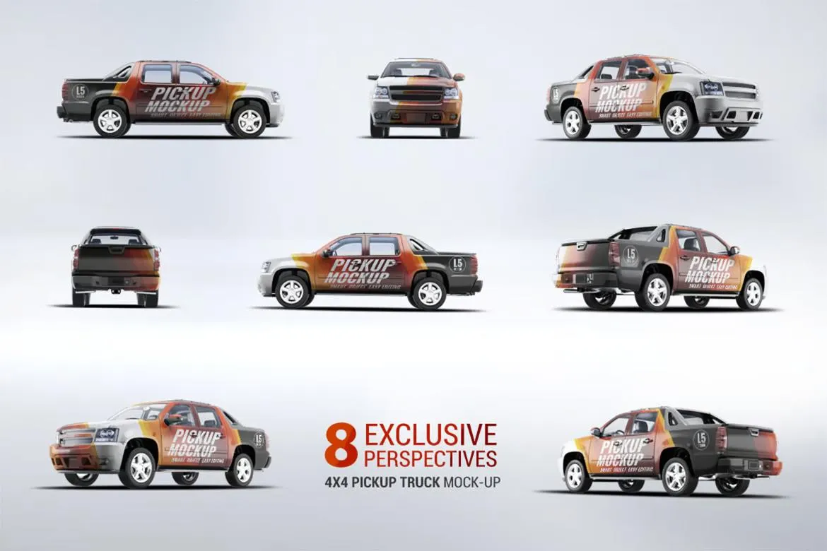 4X4 货车皮卡车身广告设计贴图ps样机素材展示模板4X4 Pickup Truck Mock-Up