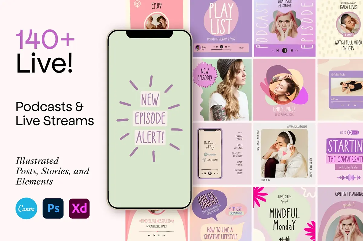 70屏潮流时尚趣味播客直播ins公众号封面推文排版设计ps版式模板 Podcast and Live Instagram Creator