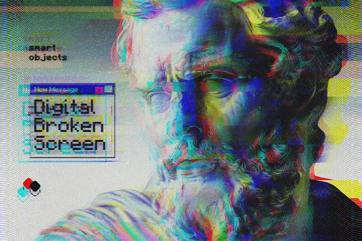 潮流故障风失真错位CRT屏幕摩尔纹人像照片后期ps特效样机 Digital Broken Screen Photo Effect