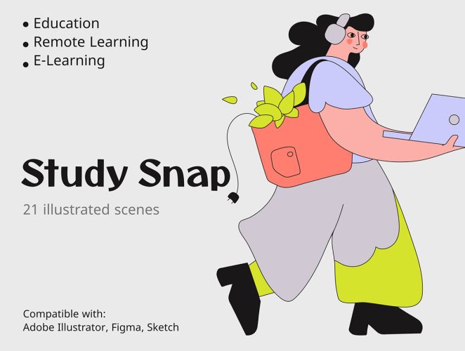 21款扁平化在线课堂远程学习课程教育手绘人物插图插画ai矢量素材 Study Snap