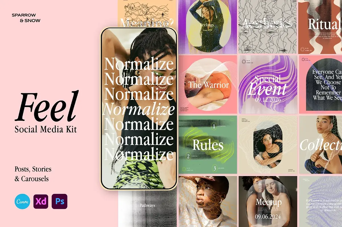 25屏ins公众号推文海报时尚抽象潮流艺术演出排版设计ps版式模板 Feel – Social Media Kit