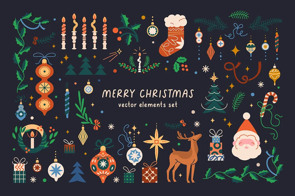 51款北欧扁平化圣诞节新年装饰复古手绘插图插画ai矢量设计素材 Christmas & New Year Decorations Set