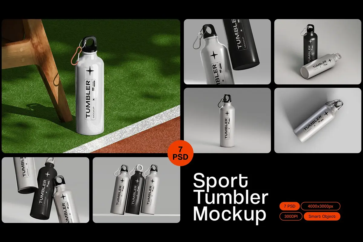 7款户外便携随行不锈钢运动水壶保温杯包装设计展示效果图ps样机 Sport Tumbler Mockup