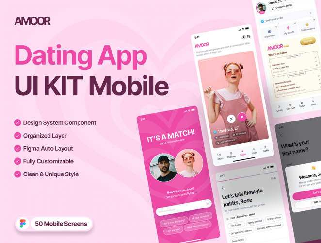 50屏约会应用程序移动社交产品app界面UI设计 Amoor – Dating App Kit