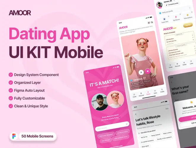 50屏约会应用程序移动社交产品app界面UI设计 Amoor – Dating App Kit