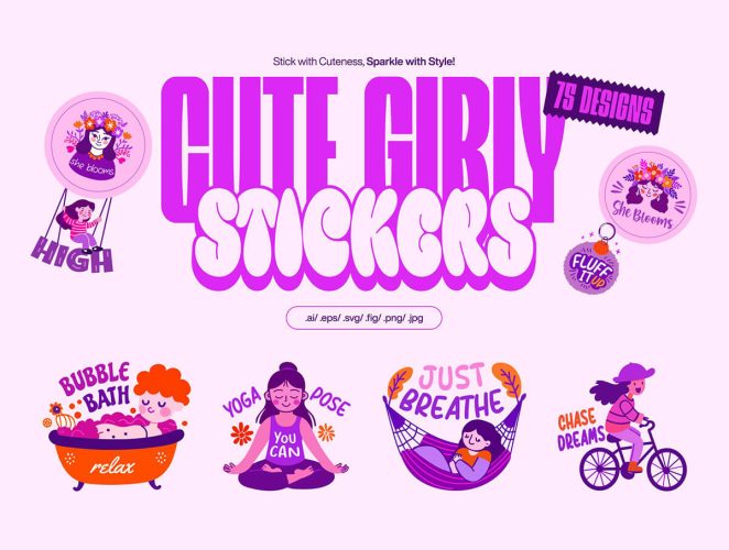 扁平可爱少女贴纸插图插画Ai矢量设计素材 Flat Cute Girly Stickers Set