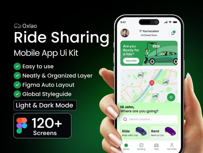 乘车共享出租车网约车应用程序app界面设计UI套件 Oxlao Ride Sharing App UI Kit