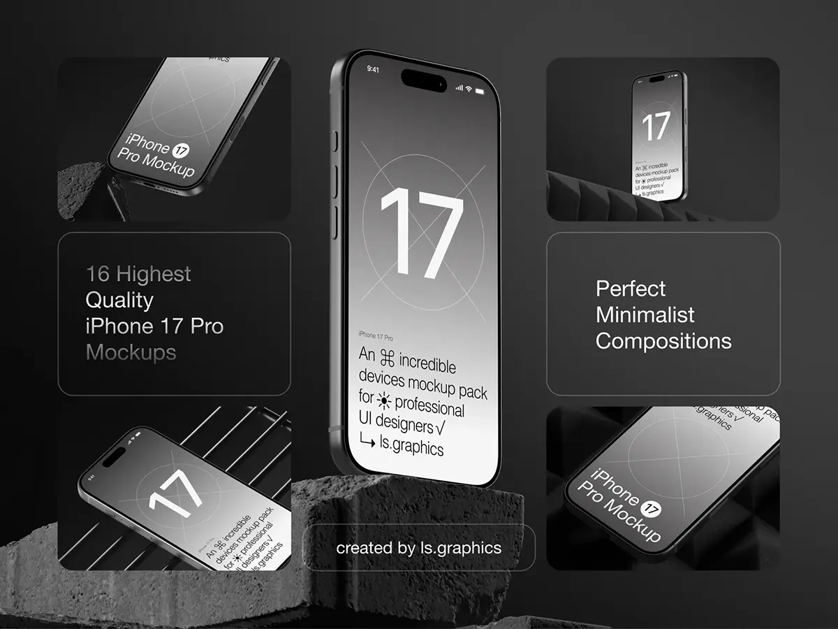 16款工业风苹果手机iPhone 17 模型 App应用ui界面设计展示效果图ps样机 AG-Mockups iPhone 17 Pro