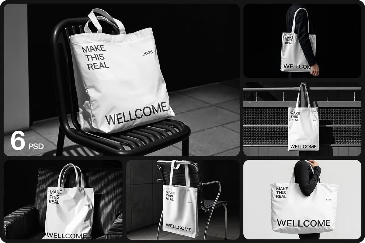 6款帆布袋手提袋拎袋模型品牌logo标识印花图案设计贴图ps样机素材 High-Quality Canvas Tote Bag Mockup